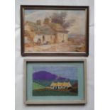 A Scottish watercolour depicting a cottage, 9.5" x 13.5" and another, worked in textiles. (2)