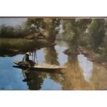 Choob - oil on canvas - River scene with fisherman seated in his small boat, signed, 25" x 35".