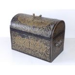 A 19thC brass marquetry inlaid stationery box with domed hinged cover, having brass handles to cover