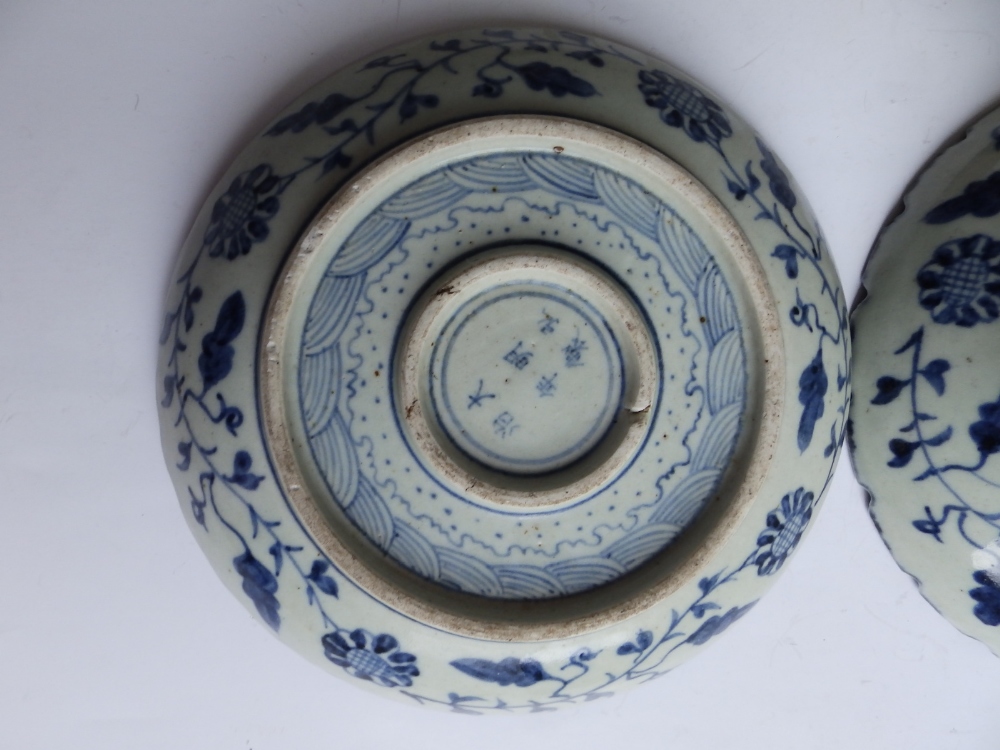 Two Chinese blue & white porcelain dishes decorated with fish and birds in the antique style, - Image 6 of 8