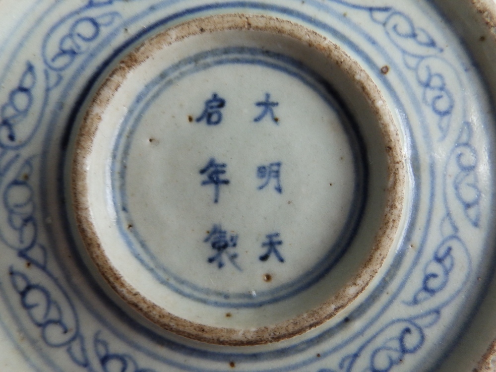 Two Chinese blue & white porcelain dishes decorated with fish and birds in the antique style, - Image 8 of 8