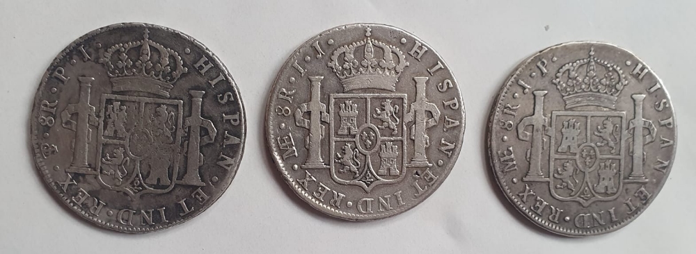 Three Spanish Colonial silver 8 Reales coins. - Image 2 of 2