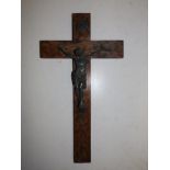 A palmwood crucifix with verd-de-gris Christ figure, 13.5" overall height.