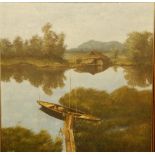 Choob - oil on canvas - River scene with small fishing boat and native house, signed, 31.5" x 31".