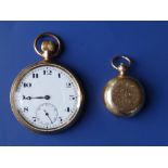 A gold plated open faced pocket watch and a gold plated sovereign case - slightly rubbed. (2)