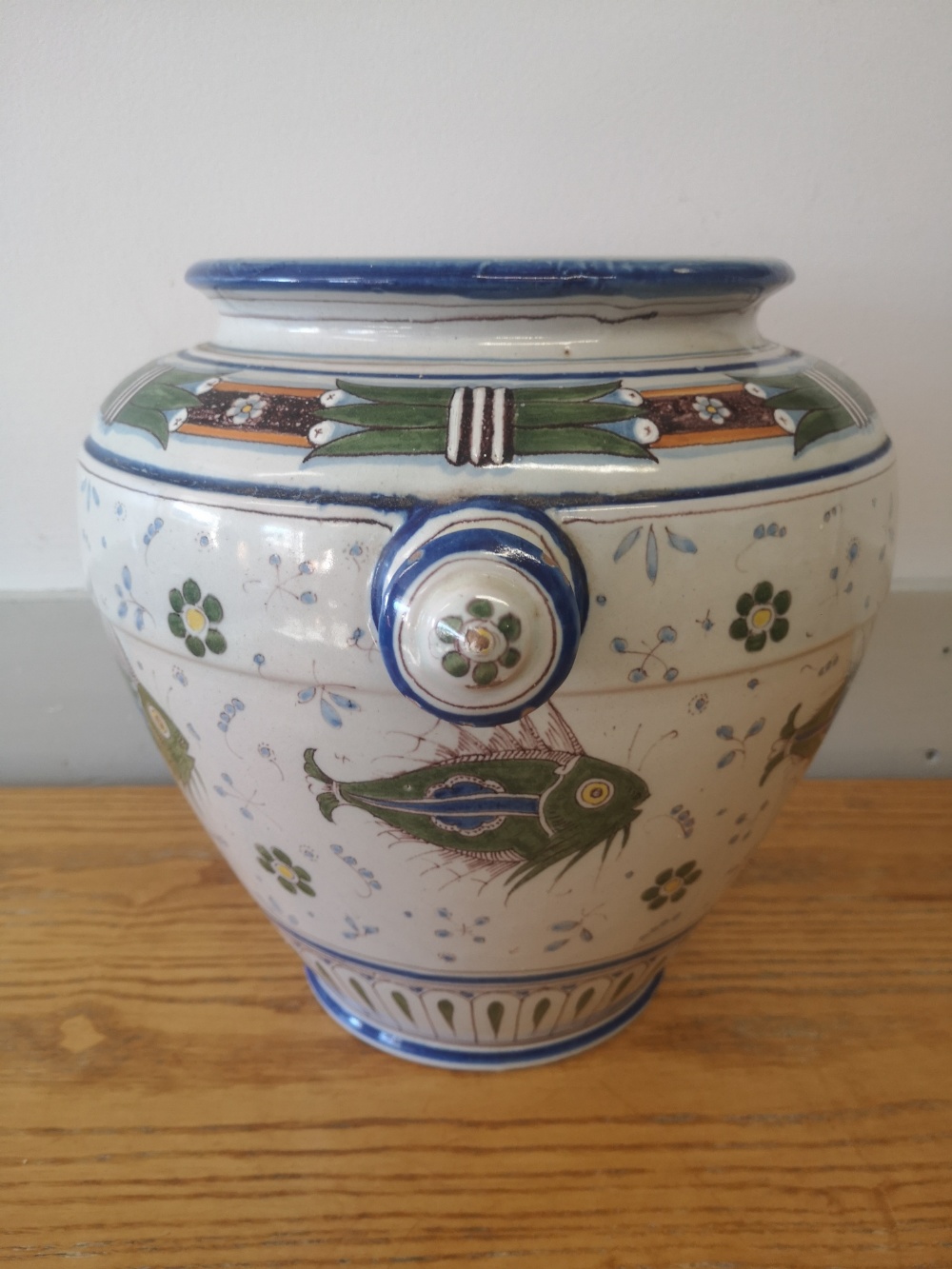 A Cantagalli maiolica two-handled jar decorated with fish in green and blue with small - Image 2 of 6