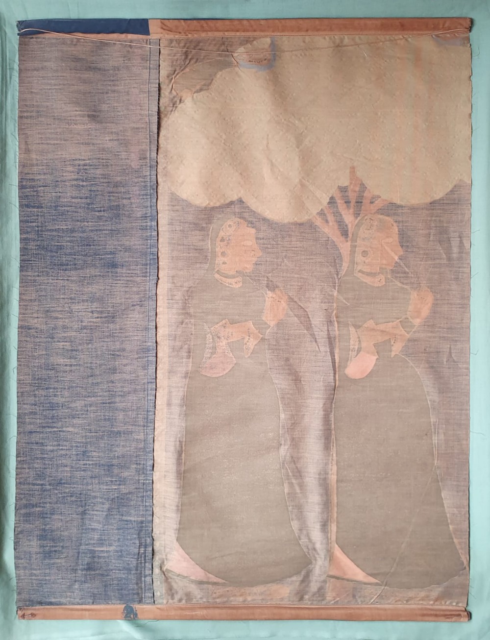 An Indian painted fabric hanging depicting two figures and a 1960's calendar, 31.5" x 24". (2) - Image 3 of 5