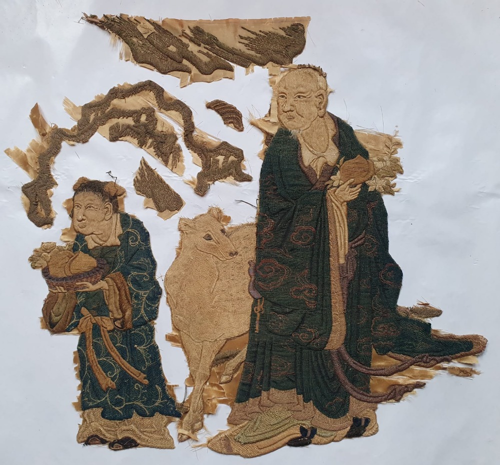 An antique stumpwork embroidery depicting Chinese figures, 17" - a/f.