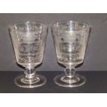 A pair of 19thC engraved glass presentation bucket rummers, each bearing three initials with a