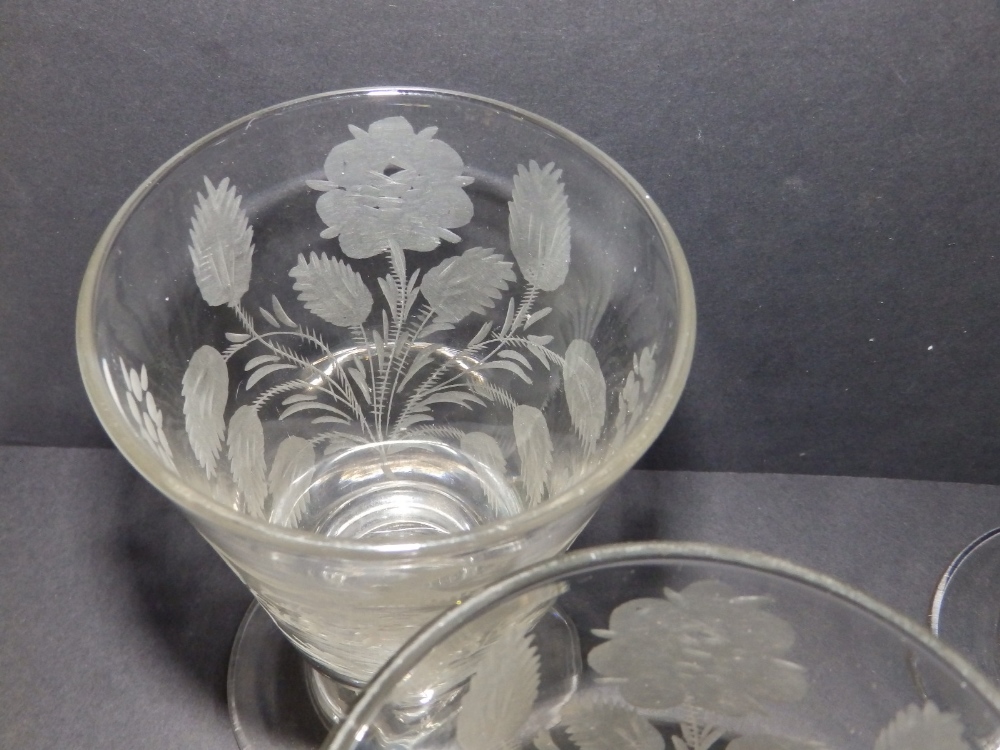 A set of four 19thC engraved glass heraldic presentation bucket rummers, each bearing three initials - Image 4 of 12