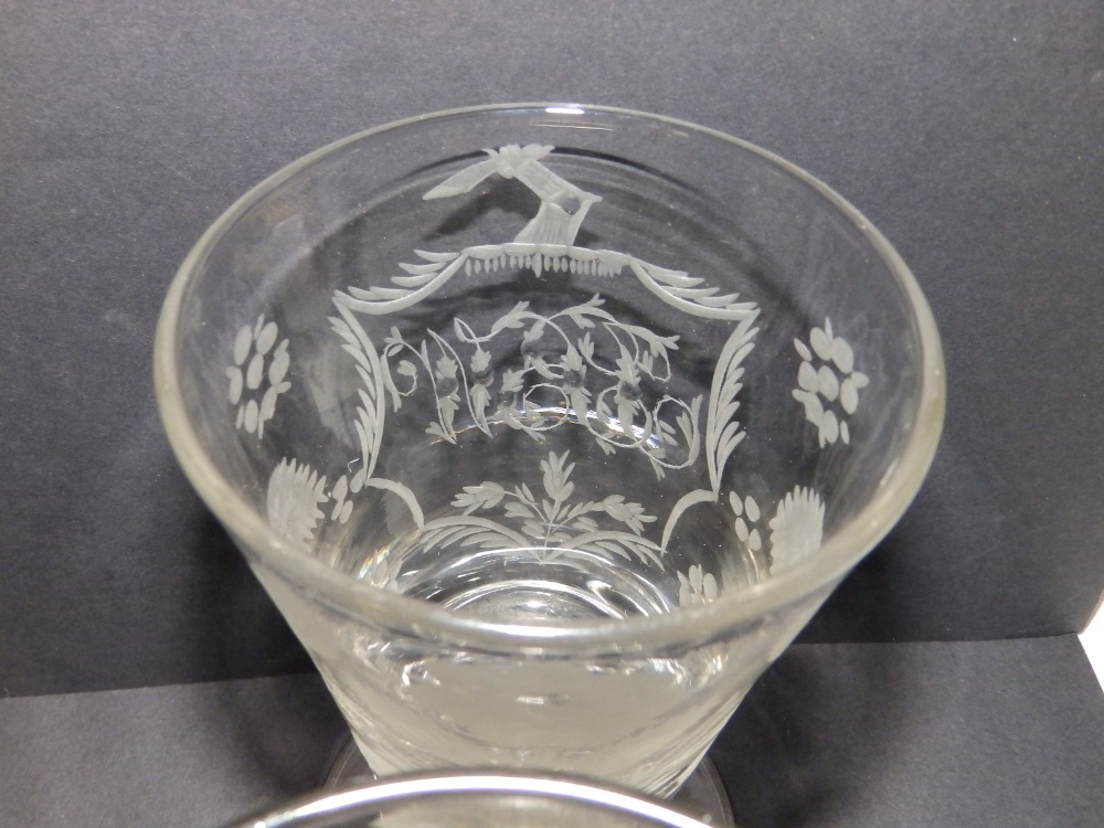 A set of four 19thC engraved glass heraldic presentation bucket rummers, each bearing three initials - Image 6 of 12