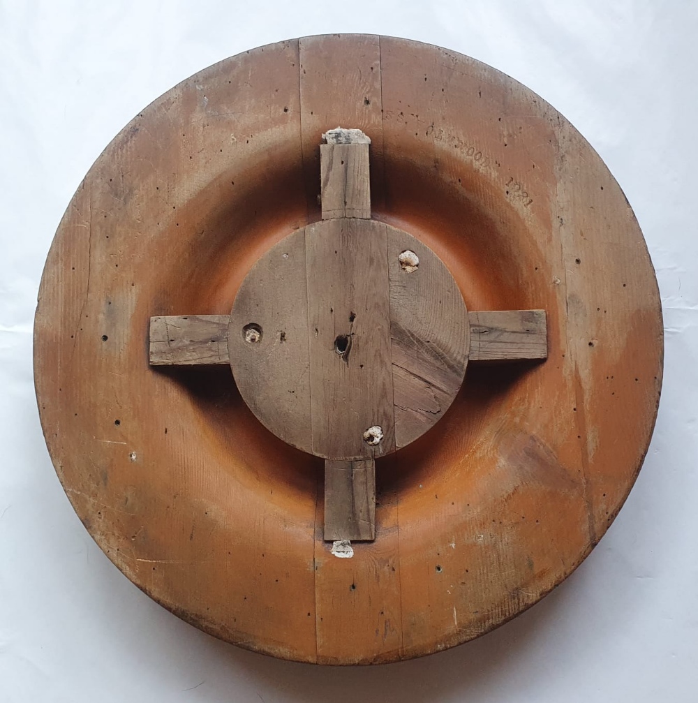 A wooden circular stand (?) stamped 'S.S. HOLMWOOD 1921', 17.5" diameter. - Image 2 of 2