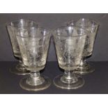 A set of four 19thC engraved glass heraldic presentation bucket rummers, each bearing three initials