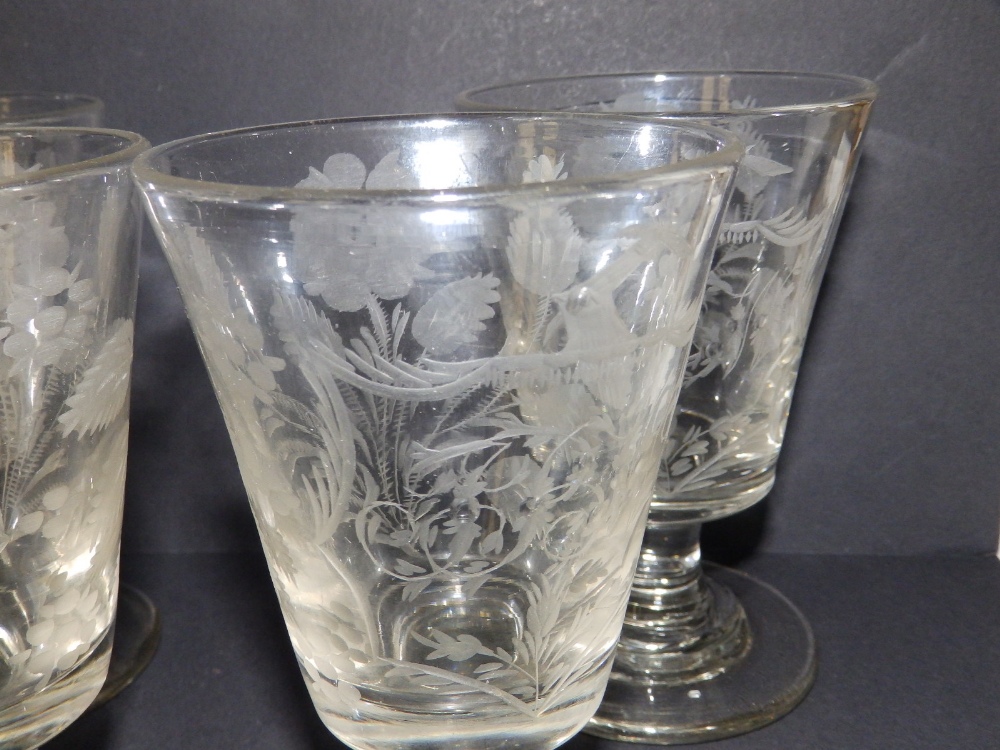 A set of four 19thC engraved glass heraldic presentation bucket rummers, each bearing three initials - Image 2 of 12