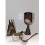 A modern three piece white metal condiment set by Christopher Gibson, together with a 6.1" goblet on