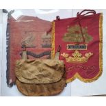 A WWI soldier's bag together with a banner decorated in bullion embroidery and a tapestry,