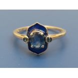 A sapphire set & blue enamelled 9ct gold dress ring. Finger size U.