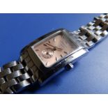 A modern lady's stainless steel Longines quartz bracelet wrist watch with rectangular pink champagne