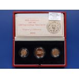 A cased 1989 Royal Mint 500th Anniversary Gold Proof Sovereign Three-Coin Set, with certficate