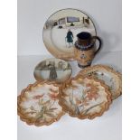 A pair of Doulton Burslem leaf-scroll border 9" dessert plates - a/f, another, a 10.5" Royal Doulton