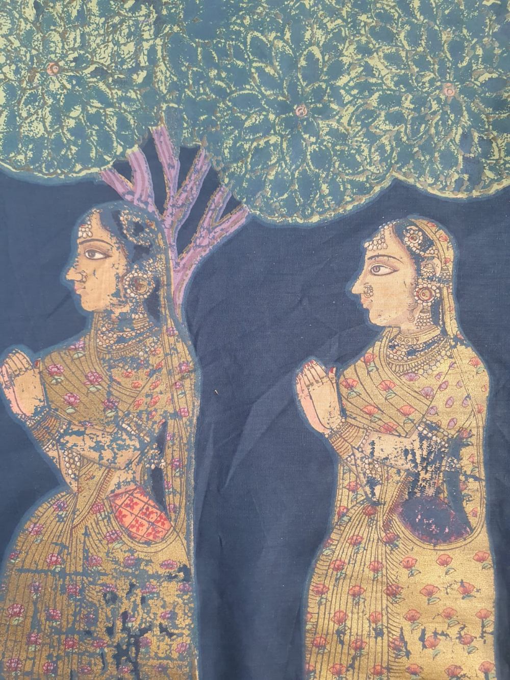 An Indian painted fabric hanging depicting two figures and a 1960's calendar, 31.5" x 24". (2) - Image 2 of 5