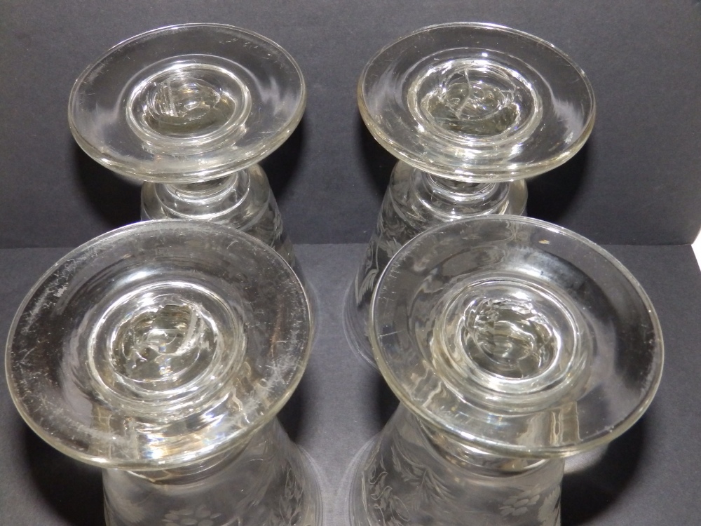 A set of four 19thC engraved glass heraldic presentation bucket rummers, each bearing three initials - Image 8 of 12