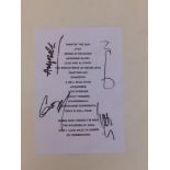 A signed Oasis set list, beginning with 'Turn Up The Sun' and ending with 'My Generation', signed by