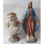 A plaster Christ figure and a resin figure of the Virgin Mary, the taller 15.4". (2)