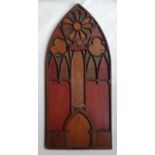 A stained wood ecclesiastical panel of arched window design, 29.5" high.