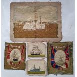 Five unframed antique silkwork maritime pictures depicting warships including HMS Victory, the