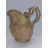 An early Victorian Staffordshire drab ware jug, relief decorated with a scene showing a group of