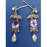 A pair of amethyst & pearl yellow metal drop earrings, 1.1".