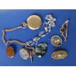 A gold plated pocket watch on chain, an enamelled crown and other pieces of costume jewellery.