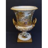 A Regency porcelain campana shaped vase with gilt serpent loop handles, the sides painted with a