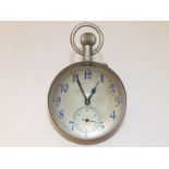 A spherical glass paperweight clock, having blue enamel arabic numerals, subsidiary seconds - '+