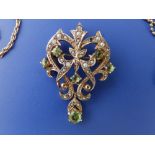 A peridot & pearl set 9ct gold pendant/brooch, 1.5", a beaded 9ct gold chain and one other. (3)