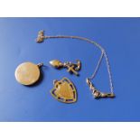 A 9ct gold medal, three yellow metal charms, a circular locket and a pendant necklace set with small