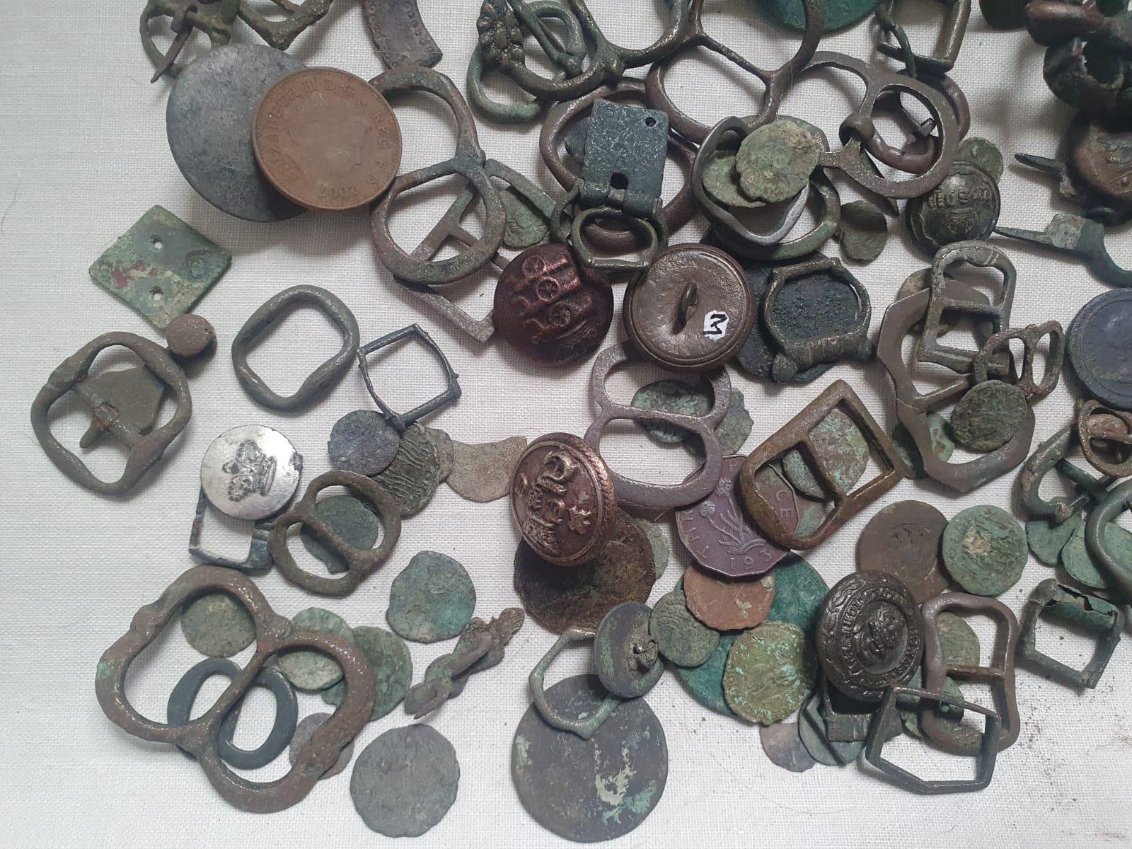 A collection of excavated artefacts including a Saxon and medieval buckles, Roman coins and other - Image 4 of 5