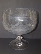 An early Victorian engraved presentation glass punch bowl, the sides decorated with thistles,