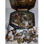 An Oriental box and contents watches & costume jewellery.