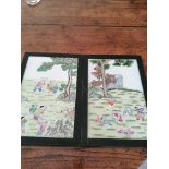 A pair of framed Chinese famille rose rectangular porcelain panels depicting boys at play in