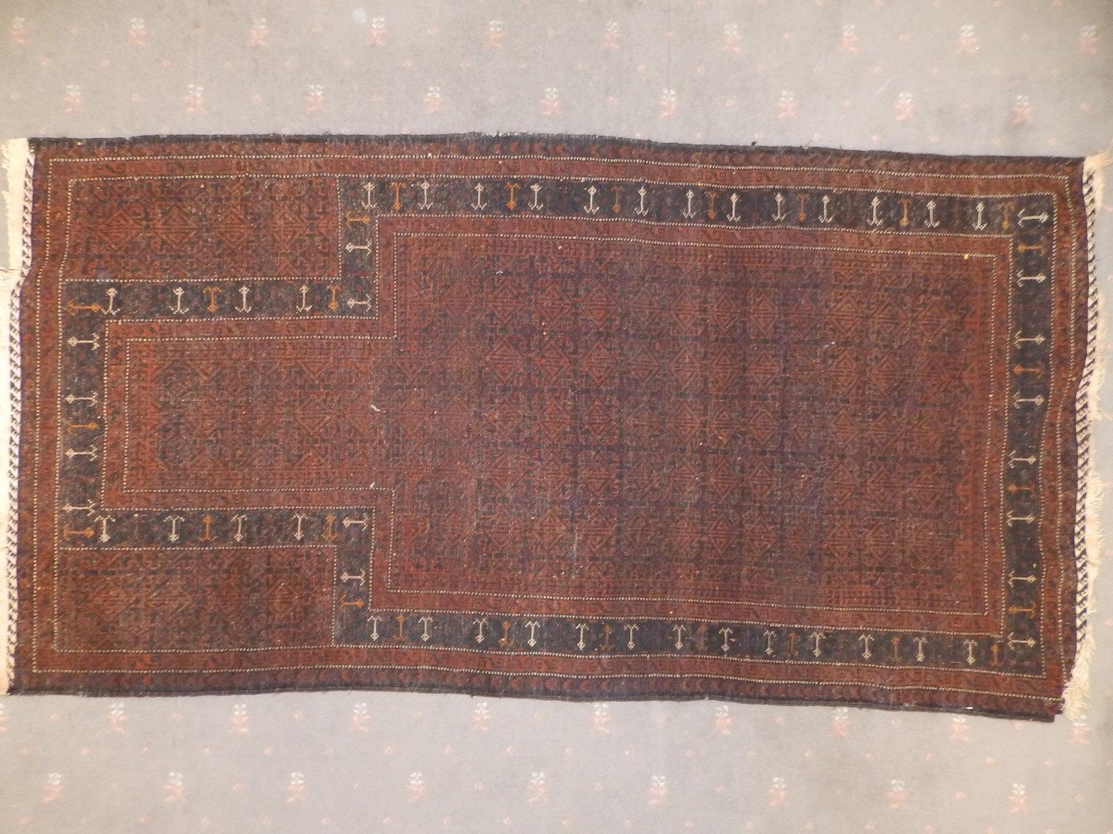 An old prayer rug, the field decorated with detailed geometric pattern in black & brown, cream - Image 4 of 5