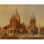 Friedrich Eibner (German, 1825-1877) - watercolour - The Erfurt Cathedral Square with St. Severus