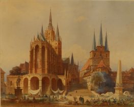 Friedrich Eibner (German, 1825-1877) - watercolour - The Erfurt Cathedral Square with St. Severus