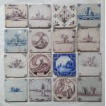 A collection of antique ceramic tiles, painted with various scenes in manganese and blue & white.