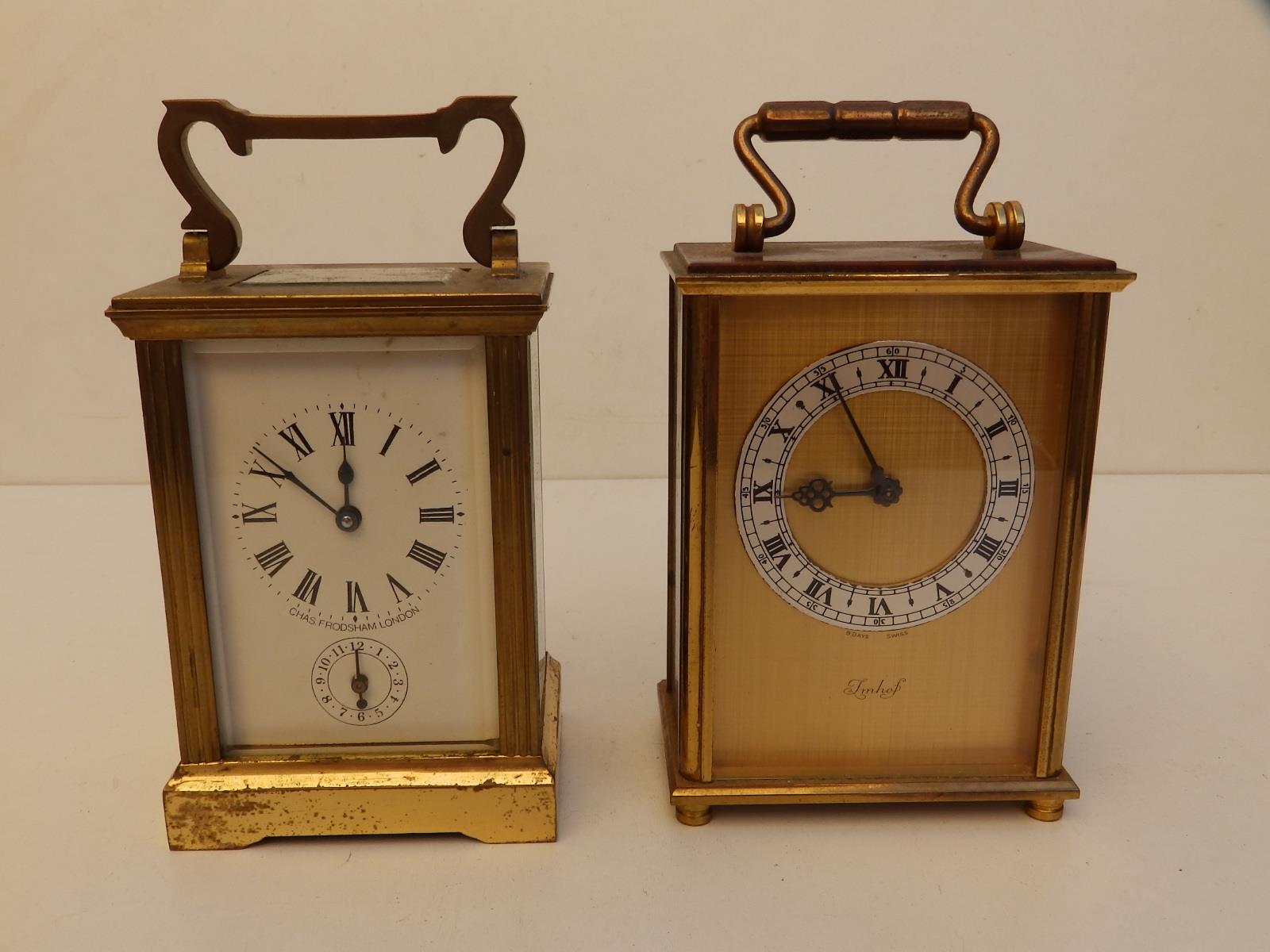 A Charles Frodsham brass alarm carriage clock - bell missing, 4.5" high excluding handle and a 20thC