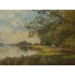 John Clayton-Adams (1840-1906) - oil on canvas - River bank with distant cattle grazing, signed &
