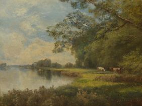 John Clayton-Adams (1840-1906) - oil on canvas - River bank with distant cattle grazing, signed &