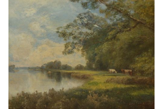 John Clayton-Adams (1840-1906) - oil on canvas - River bank with distant cattle grazing, signed & - Image 1 of 5