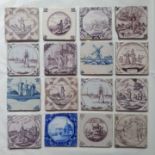 A collection of antique ceramic tiles painted with various scenes in manganese and blue & white.